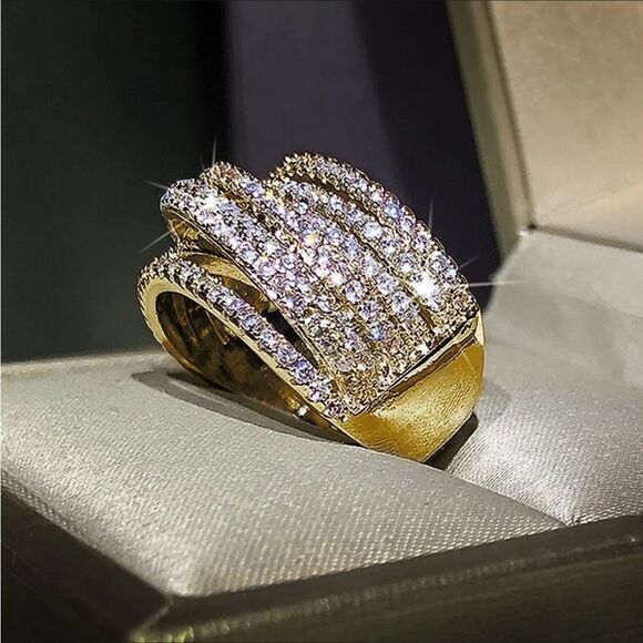 💛18k Gold Wide Band Micro Pave Cz Diamond Crisscross stacked Diamond Ring - Picture 7 of 16